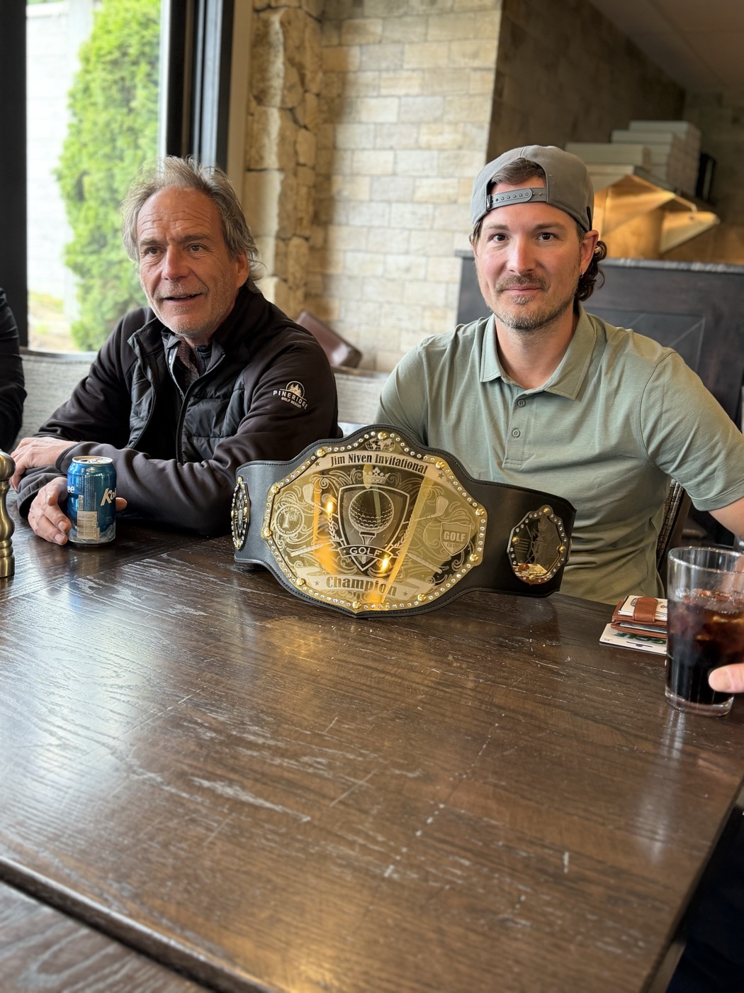 The real Jim Niven Invitational championship belt with gold centre plate, silver studs, black strap and gold side plates